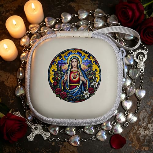 Handmade Rosary Beads for Women, Elegant Catholic Gifts for First Communion, Confirmation & Spiritual Prayer, Unique Beaded Rosary Necklace with Zippered Case - color: White - Immaculate Heart of Mary