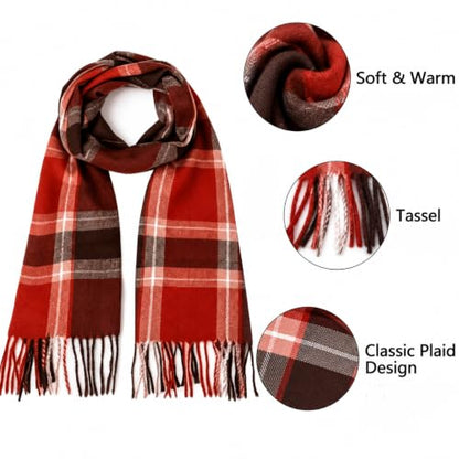 Fall Winter Plaid Scarf for Women Soft Tassel Scarves Oversized Shawl Wraps - color: Coffee-red-plaid
