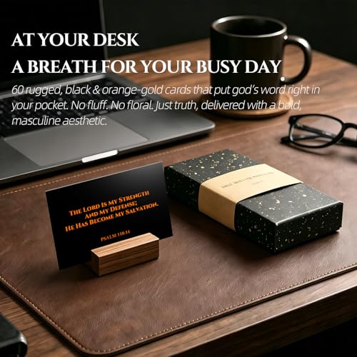 60 Bible Verse Cards with Wooden Stand in Gift Box - Black & Gold Scripture Cards for Men - Christian Encouragement & Affirmation Prayer Cards - Masculine Spiritual Gift for Him (2.15x3.35in) - color: BLACK VIBRANCY ORANGE