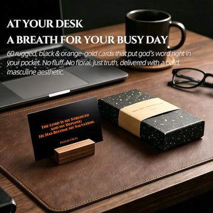 60 Bible Verse Cards with Wooden Stand in Gift Box - Black & Gold Scripture Cards for Men - Christian Encouragement & Affirmation Prayer Cards - Masculine Spiritual Gift for Him (2.15x3.35in) - color: BLACK VIBRANCY ORANGE