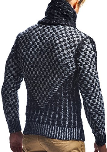 Leif Nelson Men’s Knitted Pullover | Long-Sleeved Slim fit Shirt | Basic Sweatshirt with Shawl Collar and Faux Leather - color: Black Ecru, size: 4X-Large