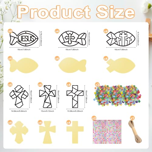 Cinrobiye 24 Set Religious Crafts Kits Christian Cross Fish Tissue Paper Ornaments Window Decorations Arts and Crafts Kits for Home Sunday School Church Jesus VBS Fun Activity Rewards Favor Supplies - style: Cross2