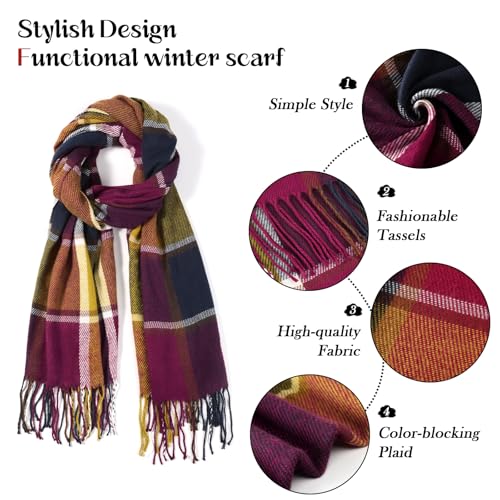 Clothirily Womens Winter Scarf, Oversized Long Blanket Plaid Shawl Wrap - color: Red Purple Lattice