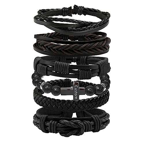 MILAKOO 6 Pcs Braided Leather Bracelet for Men Women Wooden Beaded Cuff Wrap Bracelet Adjustable - color: Customized