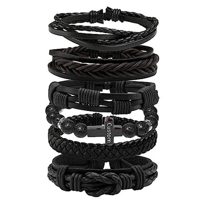 MILAKOO 6 Pcs Braided Leather Bracelet for Men Women Wooden Beaded Cuff Wrap Bracelet Adjustable - color: Customized