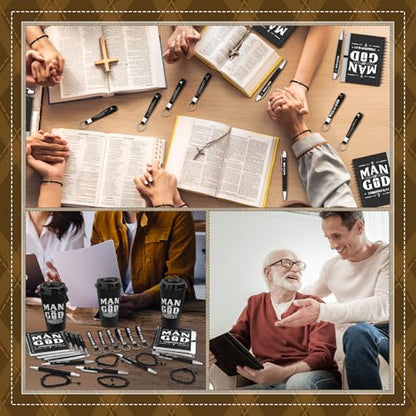 12 Sets/ 72 Pcs Christian Gifts for Men Bulk Man of God Theme Christmas Religious Gift for Church Group Includes 16oz Plastic Coffee Cup Notebooks Pens Keychains Bracelets Bags (Man of God) - color: Man of God