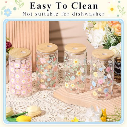 Mumufy 4 Pack Pastel Flower Glass Cup, 16 oz Tumbler Mug with Bamboo Lid - style: Pastel Flower