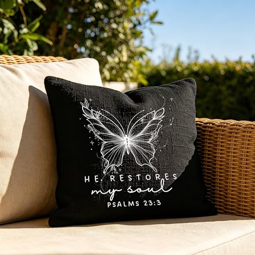 Christian Psalms 23:3 Pillow Cover 18x18, Black Linen-Textured Fabric, He Restores My Soul Bible Verse Butterfly Design, Religious Present for Christian Believers & Faithful Friends - color: Black-03