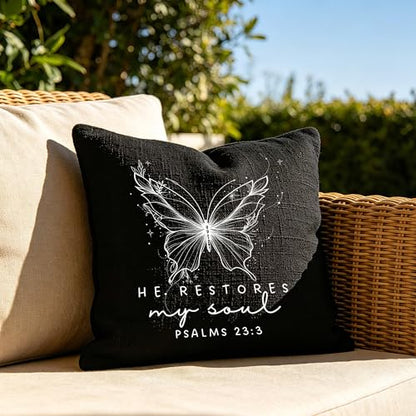 Christian Psalms 23:3 Pillow Cover 18x18, Black Linen-Textured Fabric, He Restores My Soul Bible Verse Butterfly Design, Religious Present for Christian Believers & Faithful Friends - color: Black-03