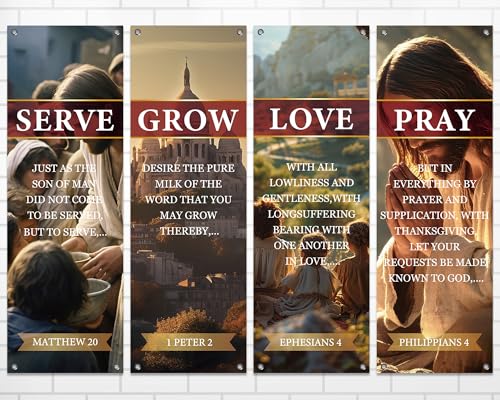 4Pcs Spring Church Banners for Sanctuary Wall Welcome Religious Banner Hanging Backdrop Yellow Serve Grow Love Pray Signs Bible Verses Scripture Church Hanging Signs for Sunday School Decor - style: Serve Grow Love Pray