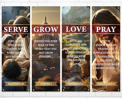 4Pcs Spring Church Banners for Sanctuary Wall Welcome Religious Banner Hanging Backdrop Yellow Serve Grow Love Pray Signs Bible Verses Scripture Church Hanging Signs for Sunday School Decor - style: Serve Grow Love Pray