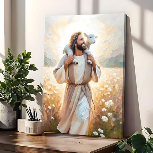 Jesus Canvas Wall Art Print – Christian Wall Decor Poster Painting of Jesus Carrying the Lamb, Inspirational Religious Decor for Living Room, Church or Prayer Room – 12"x16" Framed - color: Jesus is Happy, size: 16"L x 12"W