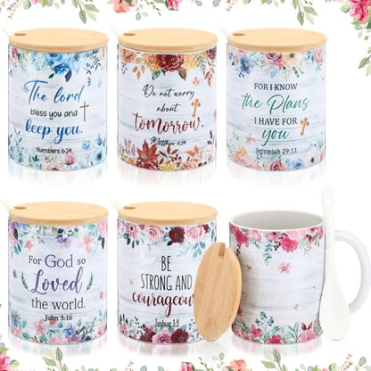 Remerry 6 Pcs Christian Women Bulk Gifts 12 oz Religious Coffee Mugs Cups Vintage Floral Ceramic Bible Verse Mugs with Lid Spoon for Sunday School Teachers Nurses Church Women Group Gifts(English) - style: English