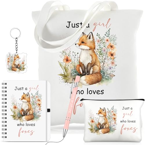 Kinlop 5 Pcs Foxes Gifts for Women Include Just a Girl Who Loves Foxes Tote Bag Canvas Cosmetic Bag Coil Notebook Keychain and Ballpoint Pen for Women Girls - color: Pink, style: Fox