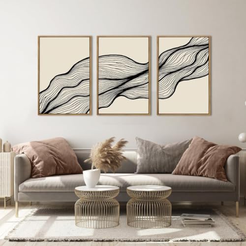 ANHUIB Neutral Abstract Line Wall Art, Black Beige Minimalist Wall Decor, Modern Geometric Painting Set of 3 for Living Room Bedroom 16x24 Inch - color: Black Beige Line, size: 24"L x 16"W