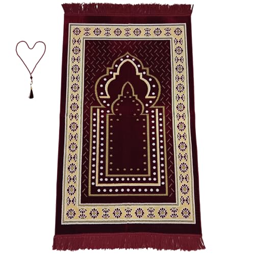 Turkish Muslim Prayer Rug, Mat with Beads for Men Women, Ramadan Hajj Gift (RED) - color: Red