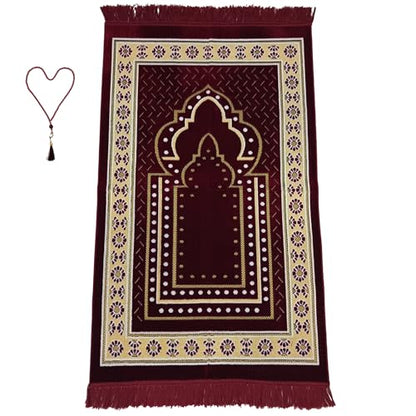 Turkish Muslim Prayer Rug, Mat with Beads for Men Women, Ramadan Hajj Gift (RED) - color: Red