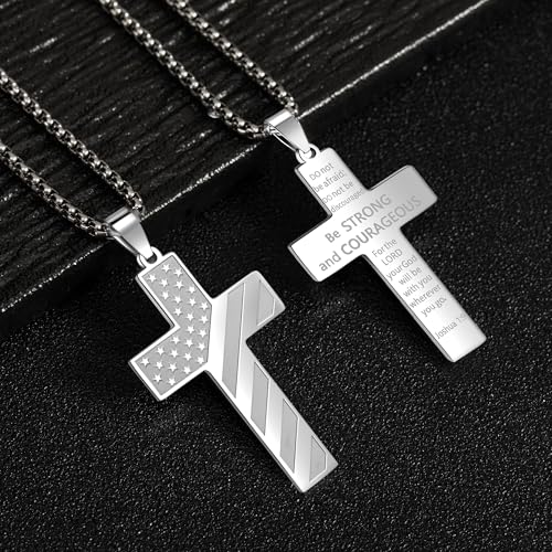 American Flag Cross Necklace for Men, Christian Confirmation Baptism Gifts - color: Silver, style: Joshua 1:9