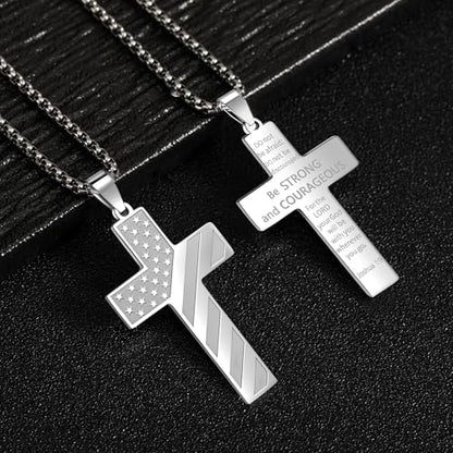 American Flag Cross Necklace for Men, Christian Confirmation Baptism Gifts - color: Silver, style: Joshua 1:9