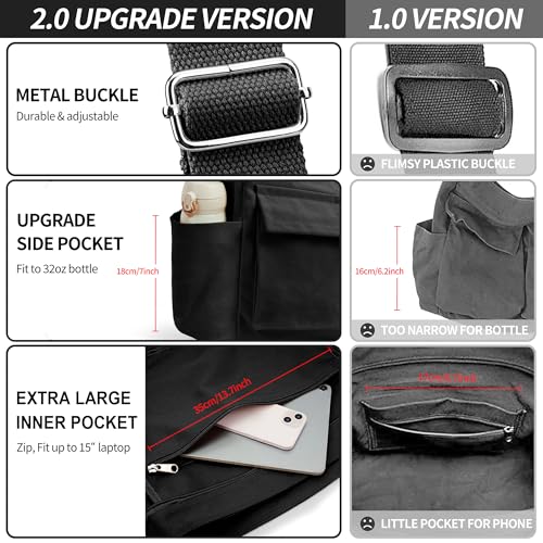 KALIDI Canvas Tote Bag Zipper Large Crossbody Shoulder Bag Messenger Bag - color: Upgraded Black