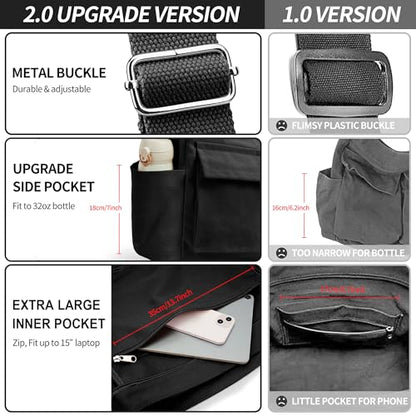 KALIDI Canvas Tote Bag Zipper Large Crossbody Shoulder Bag Messenger Bag - color: Upgraded Black