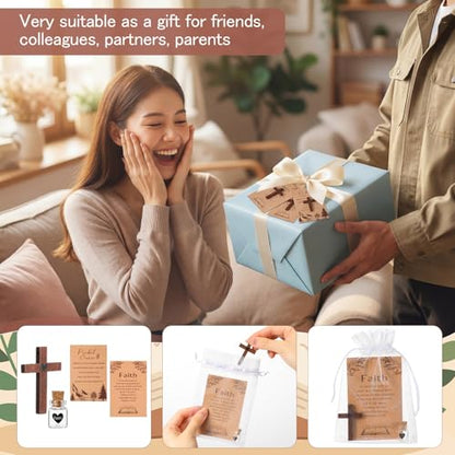 60 Set Pocket Hug Token Wooden Pocket Cross Faith Glass Bottles Prayer Card Organza Bags Wooden Cross Bulk Religious Christian Gifts for Friends Family Colleagues Church