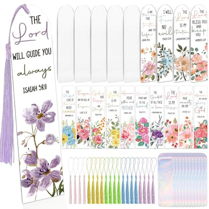 Dazoratix Christian Acrylic Bookmark Blanks - 60 Pcs Bible Verse Bookmarks Making Kit Religious Inspirational Clear Flower UV DTF Transfer Stickers with Ribbons DIY Craft for Reading Women Book Lovers