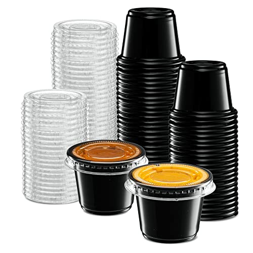 {1 oz - 100 Sets} Black Diposable Plastic Portion Cups With Lids, Small Mini Containers For Portion Controll, Jello Shots, Meal Prep, Sauce Cups, Slime, Condiments, Medicine, Dressings, Crafts, Disposable Souffle Cups & Much more - color: Black, size: 1 O