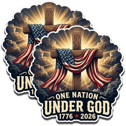 One Nation Under God America 250 Sticker Set (2 Pack) – Christian Patriotic Cross Vinyl Decals – 1776-2026 USA Faith Stickers – Waterproof America250 Collectible Decals