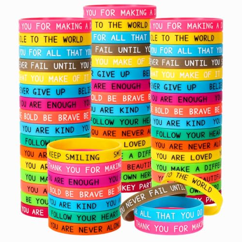 64 Pcs Motivational Silicone Bracelets Bulk, Colored Inspirational Bracelet for Women, Mental Health Rubber Wristbands for Classroom Prizes Student Rewards Team Employee Appreciation Gifts