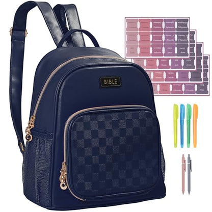 Premium Bible Backpack Set for Women - Stylish Checkered PU Leather Bible Bag with 72 Bible Tabs, 4 Highlighters & 2 Pens - Ideal for Church, Study & Travel - color: Blue