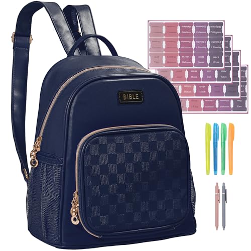 Premium Bible Backpack Set for Women - Stylish Checkered PU Leather Bible Bag with 72 Bible Tabs, 4 Highlighters & 2 Pens - Ideal for Church, Study & Travel - color: Blue