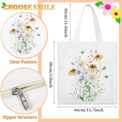 Canvas Tote Bag with Zipper Handles for Women Bridesmaid Birthday Wedding Mother Ladies Shopping Gift Bags - color: Flower-10