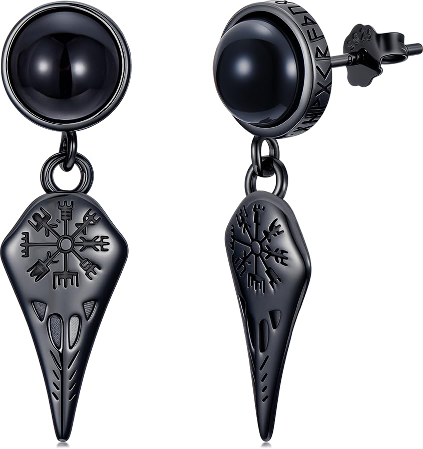 Black Dangle Drop Earrings 925 Sterling Silver Black Onyx Stud Earrings Viking Rune Jewelry Gift for Women Men - color: A05-Crow Skull