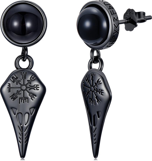 Black Dangle Drop Earrings 925 Sterling Silver Black Onyx Stud Earrings Viking Rune Jewelry Gift for Women Men - color: A05-Crow Skull