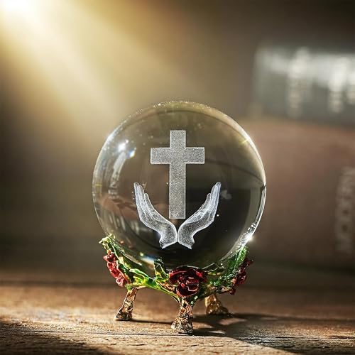 3D Cross Crystal Ball Religious Gift with Stand Christian Decor 2.3in - style: Praying Hands and Cross
