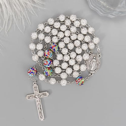 Nazareth Store Rhinestones Crystal Beads Rosary, Catholic Rosary Necklace with Silver Miraculous Medal INRI Crucifix, Multicolor Rosaries in a Gift Case - color: White with Colorful Beads