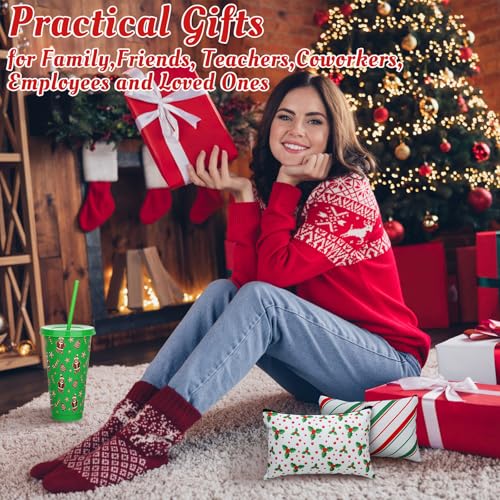 Funnymoom 24 Pcs Christmas Gifts Set Include 24 oz Merry Christmas Plastic Tumbler Cup with Lids and Straw Makeup Cosmetic Bag Crew Santa Sock Keychain for Xmas Party Favor Winter Friendmas Gifts - style: Pine and Berry