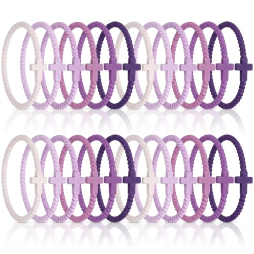 Soaoo 24/60 Pcs Jesus Bracelets Cross Silicone Bracelet Braided Stackable Rubber Wristband Silicone Jewelry Gift for Women Men - color: Purple, size: Cross