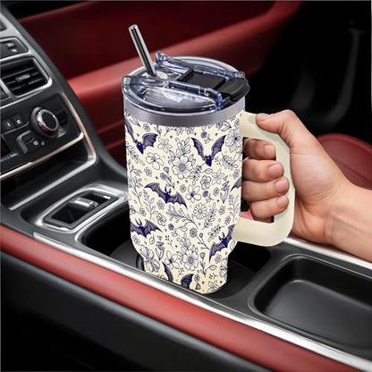 40 Oz Halloween Tumbler, Beige Bat Goth Water Bottle with Handle & Straw - color: Beigebat-Wite