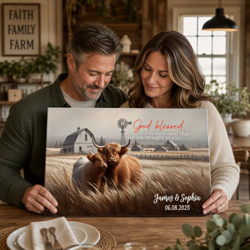 Ipplee Custom Highland Cow Wall Art, God Blessed the Broken Road for Couple - color: Design 01