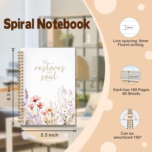 JMICTUB Floral Christian Spiral Notebook 5.5x8.3, He Restores My Soul Bible Verse Journal, Christian Gifts for Women, Psalm 23:3 Scripture Religious Hardcover Lined Notebook Journal - color: Spiral notebook-31
