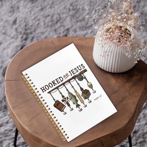 Christian Fishing Spiral Notebook Journal 5.5x8.3in, Faith Journal for Men, Hooked on Jesus Angler Religious Scripture Hardcover Notebook for Church Study Work Office - color: Hooked on Jesus Angler Religious