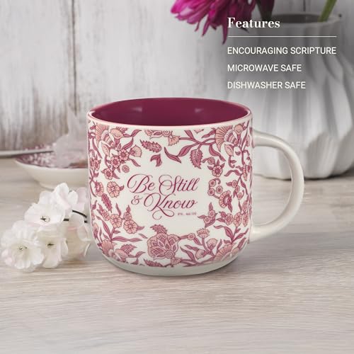 Christian Art Gifts Large Ceramic Microwave/Dishwasher Safe Coffee & Tea Mug for Women: Be Still & Know Inspirational Bible Verse, Non-toxic, Lead & Cadmium-free Cup, Dark Pink & White Floral, 12 oz.