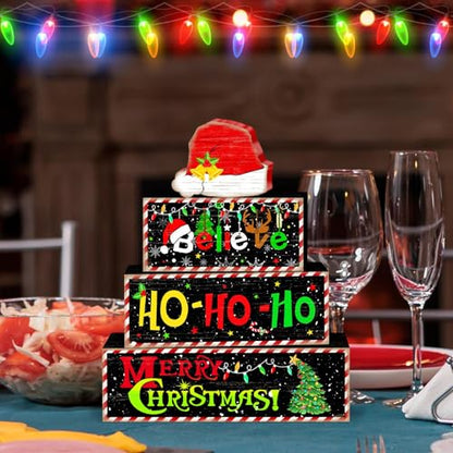 Britimes Tiered Tray Decor Set, 4 Pack, Wooden Table Sign, Christmas Santa - style: Santa Hat Decor