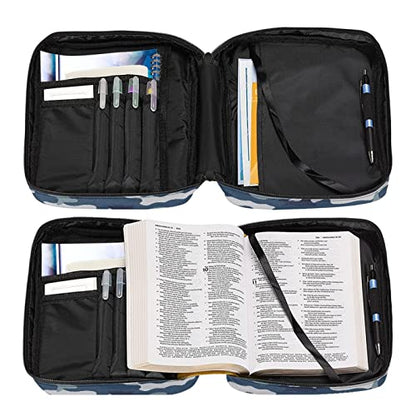 Coldinair Blue Camo Print Bible Cover for Men Women Teens,Carrying Book Case Church Bag Bible Protector with Handle and Zippered Pocket - color: Blue Camo