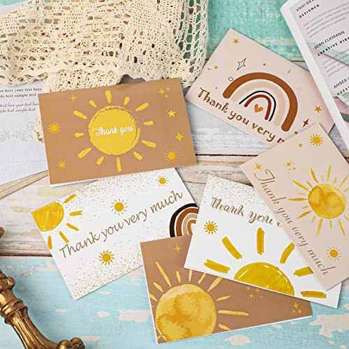 60 Pieces Here Comes the Son Boho Sun Baby Shower Thank You Cards,Includes 30 Pieces Envelopes and 30 Pieces Sunshine Blank Cards with Boho Stickers for Birthday Party Supplies - color: sun