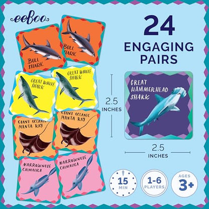 eeBoo Shiny Sharks & Friends Memory & Matching Game, Ages 3+, 1-4 Players - style: Shiny Sharks & Frinds