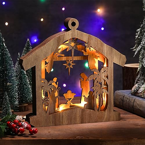 Bucherry Wooden Nativity Scene Christmas Tabletop Ornament,Hut - style: Hut