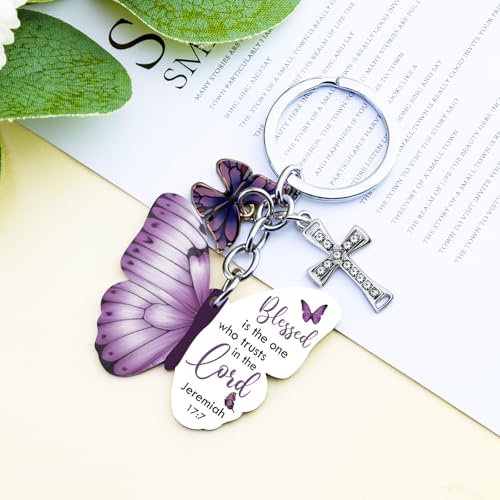 Butterfly Christian Keychain Women Cross Bible Verse Keychain Butterfly Purse Charm Inspirational Religious Gifts - color: Purple